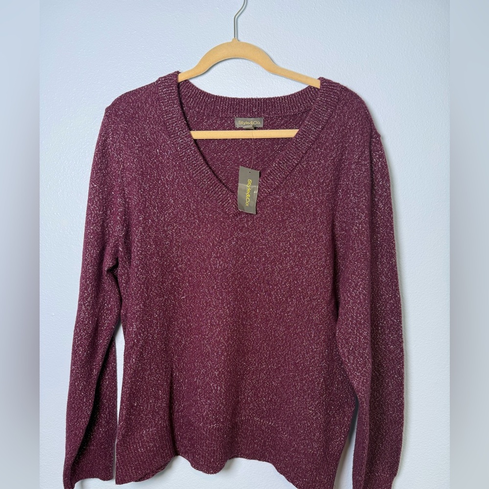 Style & Co. Women's Purple V-Neck Sweater with Metallic Fleck